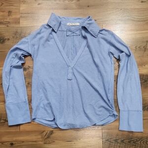 We The Free Raina Split Collar Boho Flair Top Hemp Normcore Sky Blue Size XS